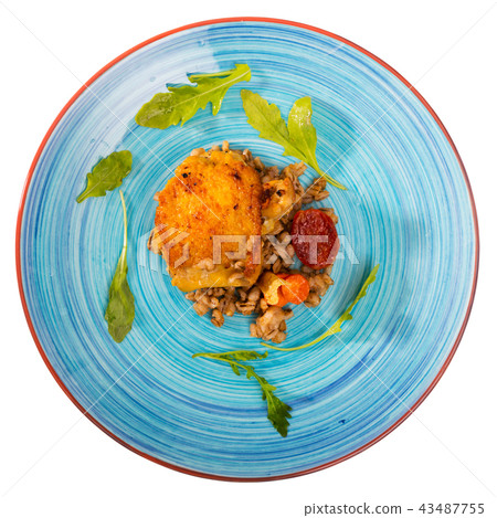 Photography of plate with fried chicken with barley porridge 43487755