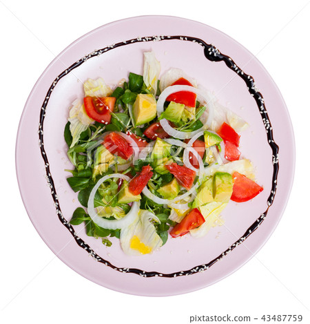 Top view of salad with avocado, tomatoes, grapefruit 43487759