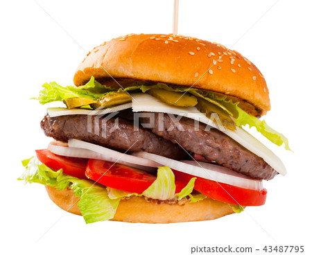 Tasty double-decker grilled burger with beef, tomato, cheese Tasty double-decker grilled burger with beef, tomato, cheese 43487795