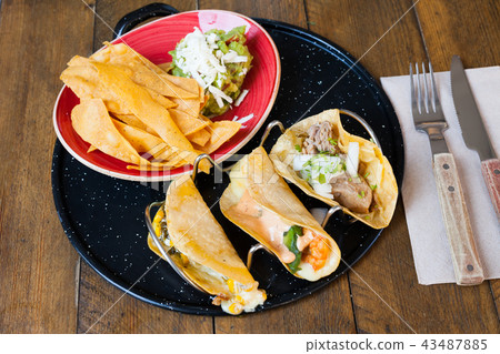 Mexican tacos with guacamole and nachos Mexican tacos with guacamole and nachos 43487885