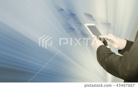 Male hands with phone on flying icons background Male hands with phone on flying icons background 43487887