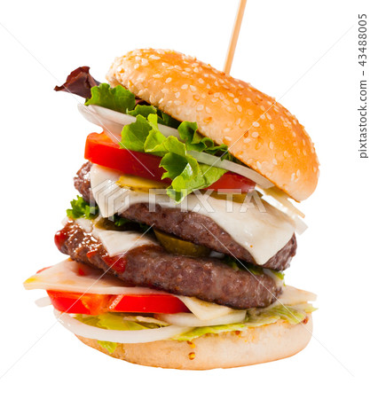 double-decker grilled burger with beef, tomato and cheese 43488005