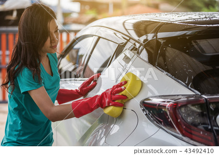 woman holding sponge to washing car woman holding sponge to washing car 43492410