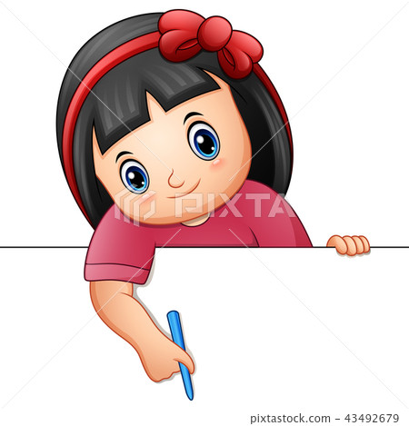 Little girl holding pencil with blank border Little girl holding pencil with blank border 43492679