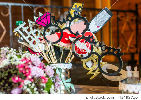 Retro Party set Glasses, hats, lips, mustaches, masks design photo booth party wedding funny 43495710