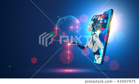 Artificial intelligence provide access to information and data in online networks via smartphone. AI Artificial intelligence provide access to information and data in online networks via smartphone. AI 43497475