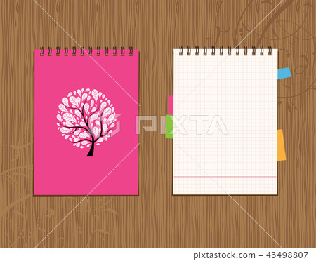 Notebook cover and page design on wooden background Notebook cover and page design on wooden background 43498807