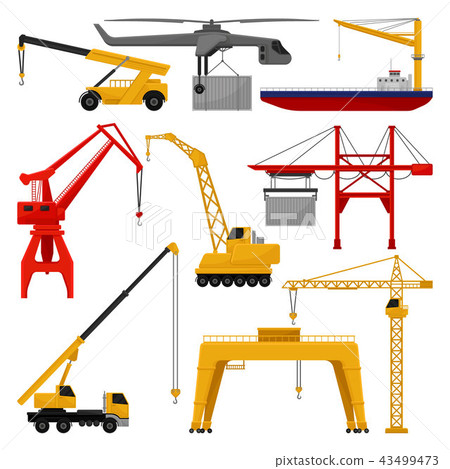 Flat vector of different cranes. Mechanism for lifting and moving of objects. Professional Flat vector of different cranes. Mechanism for lifting and moving of objects. Professional 43499473