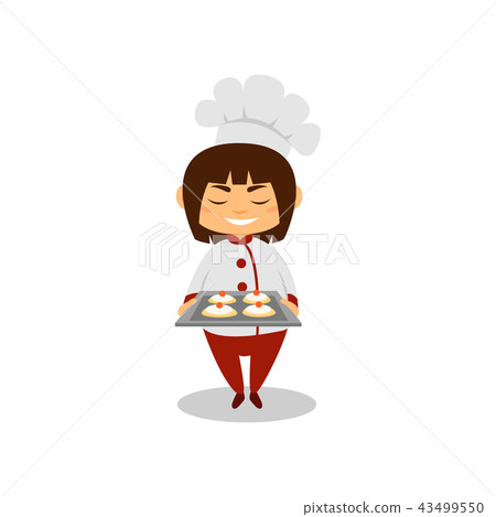 Smiling girl holding tray with sweet desserts. Kid in chef uniform with hat. Cartoon character of 43499550