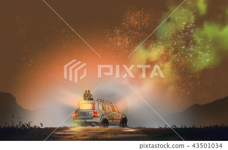 couple sitting on SUV car against milky way 43501034