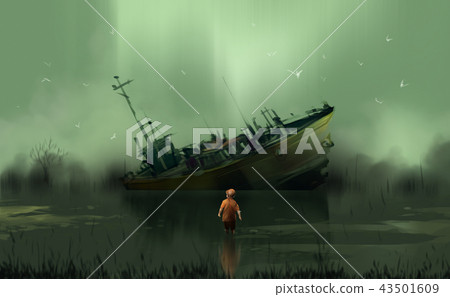 a boy standing in the swamp against abandon boat 43501609