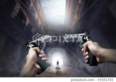 Hands with guns ready to shoot the walking zombie Hands with guns ready to shoot the walking zombie 43501783