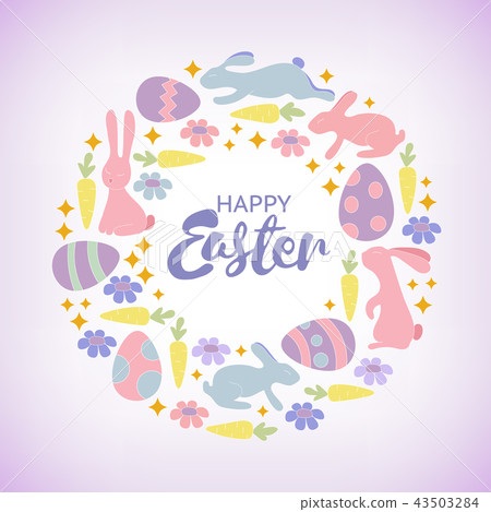 Easter card with cute bunnies, chickens and, owl and flowers in cartoon style 43503284