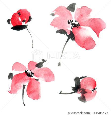 Watercolor set of pink sakura flowers and buds 43503473