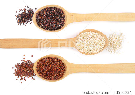 Black red white quinoa seeds in wooden spoon isolated on white background. Top view 43503734