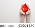 Two hands holding red polygonal blood drop 43504420