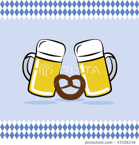 two beer mugs and pretzel with bavaria flag background two beer mugs and pretzel with bavaria flag background 43506236