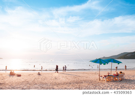 Phuket Patong beach colourful umbrellas in evening Phuket Patong beach colourful umbrellas in evening 43509363