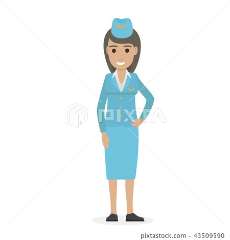 Cheerful Dark-haired Stewardess in Blue Uniform Cheerful Dark-haired Stewardess in Blue Uniform 43509590