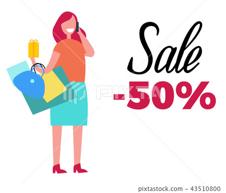 Sale -50 Happy Woman and Bags Vector Illustration 43510800