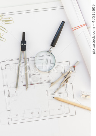 Interior designer table workplace with house plan 43513609