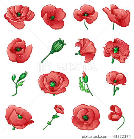 Poppy remembrance day icons set, cartoon style 43522374