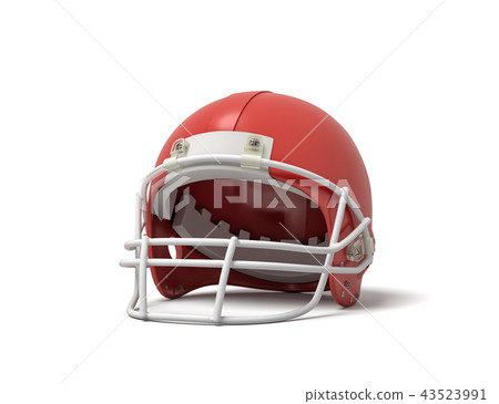 3d rendering of a red American football helmet with a white protective grid on a white background. 43523991