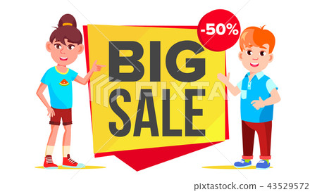Big Sale Banner Vector. School Children, Pupil. Funny Character. Up To 50 Percent Off Badges Big Sale Banner Vector. School Children, Pupil. Funny Character. Up To 50 Percent Off Badges 43529572
