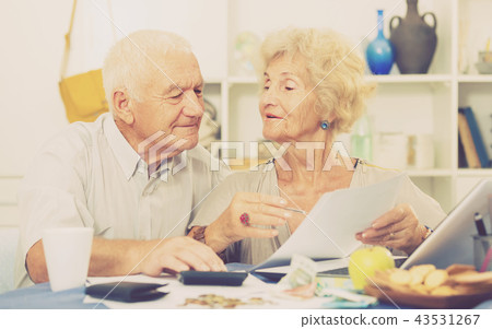 Happy senior spouses with bills and laptop Happy senior spouses with bills and laptop 43531267