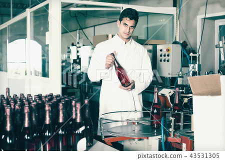 Young man holding newly produced bottle of wine 43531305