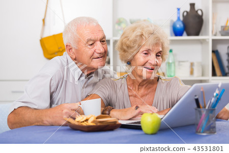 Cheerful mature spouses using laptop at home 43531801