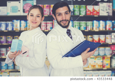 Portrait of glad expert and female pharmacist Portrait of glad expert and female pharmacist 43533448