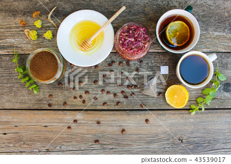 Tea, coffee in cups, chicory, lemon, mint, jam  43539017