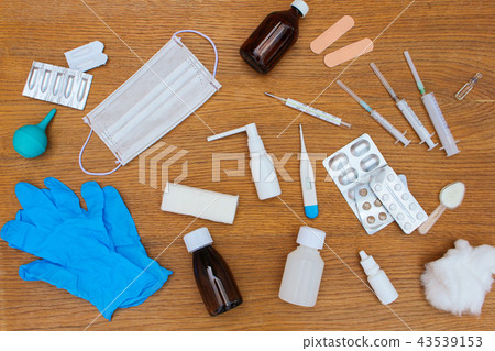 Medical items on table. Top view. 43539153