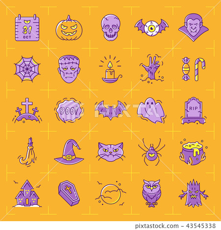 Halloween icon set. Colorful Halloween icons on an orange background. Thin line art design, Vector 43545338