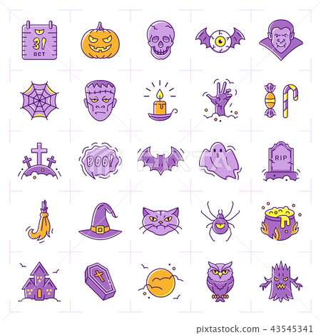 Halloween icon set, Colorful Halloween icons. Thin line art design, Vector flat illustration 43545341