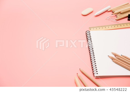 Colorful school supplies on pastel pink. Top view Colorful school supplies on pastel pink. Top view 43548222