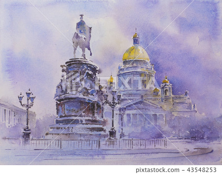 Watercolor painting Saint Isaac's Cathedral or Isaakievskiy Sobor in Saint Petersburg Russia - 43548253