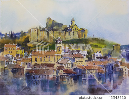 Watercolor painting Tbilisi old town City Mtatsminda Mountain The Narikala Fortress Watercolor painting Tbilisi old town City Mtatsminda Mountain The Narikala Fortress 43548310