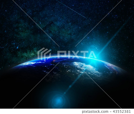 Part of earth with sun rise and lens flare over the Milky Way background, Internet Network concept, Elements of this image furnished by NASA 43552381