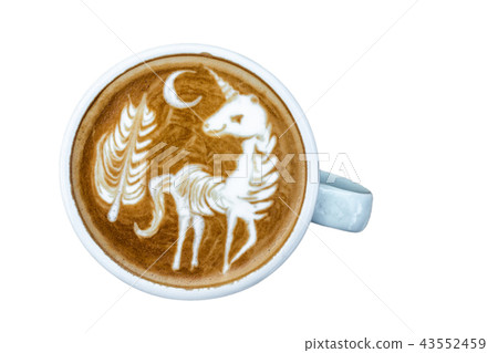 A Cup of coffee with latte art menu which show the unicorn and tree with moon on white background, drink and art concept, object isolate, include clipping path A Cup of coffee with latte art menu which show the unicorn and tree with moon on white background, drink and art concept, object isolate, include clipping path 43552459