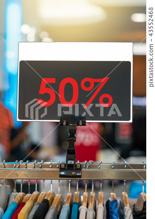 sale 50% off mock up advertise display frame setting over the shirt line in the shopping department store for shopping, business fashion and advertisement concept sale 50% off mock up advertise display frame setting over the shirt line in the shopping department store for shopping, business fashion and advertisement concept 43552468