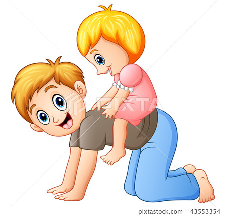 Father giving doing riding child on his back Father giving doing riding child on his back 43553354