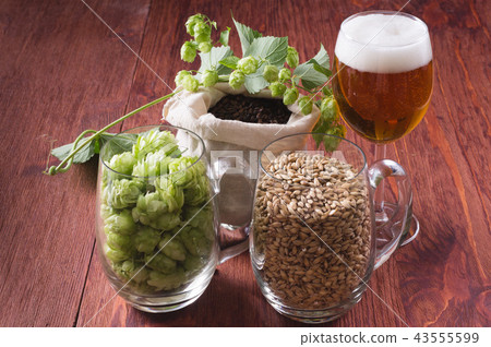 Glass of beer, cones of hop, pale caramel malt Glass of beer, cones of hop, pale caramel malt 43555599