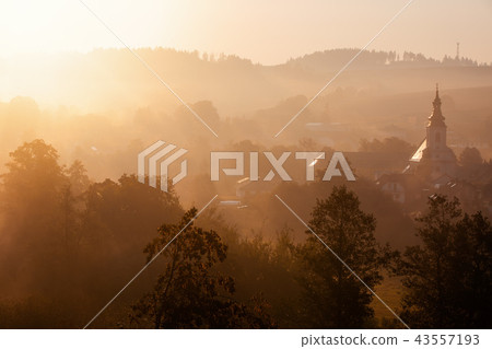 Autumn foggy sunrise landscape 43557193