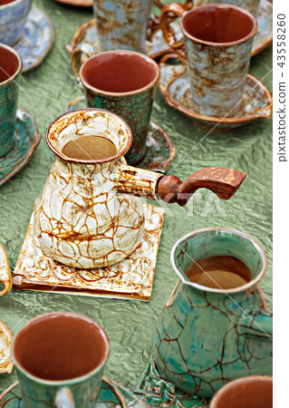 coffee maker and turk with pattern of craquelure coffee maker and turk with pattern of craquelure 43558260