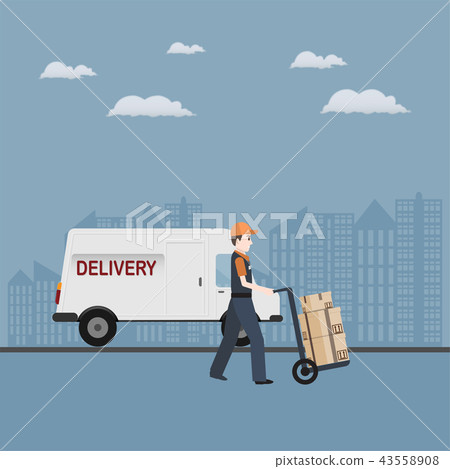 Man and crate on handcart icon, Delivery service Man and crate on handcart icon, Delivery service 43558908