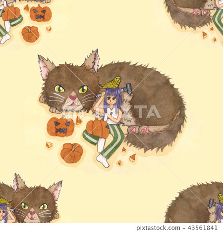 Girl Carving Pumpkin with Cat and Bird Background 43561841