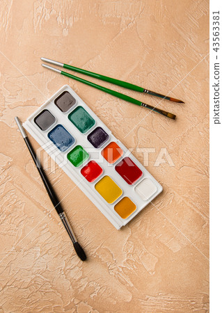 Watercolor paints and brushes 43563381