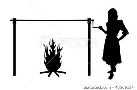Woman and spit roast fire Woman and spit roast fire 43569154